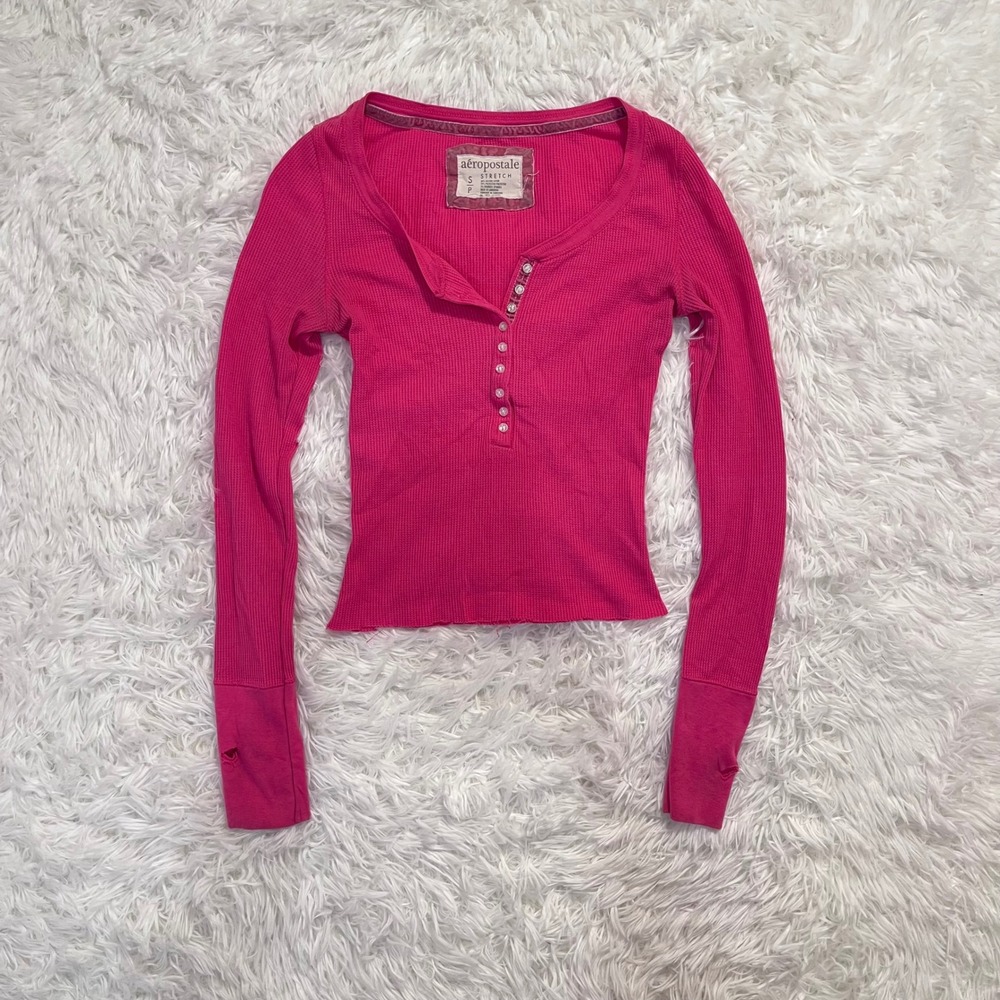 y2k aeropostale hot pink waffle henley thermal button up long sleeve top small